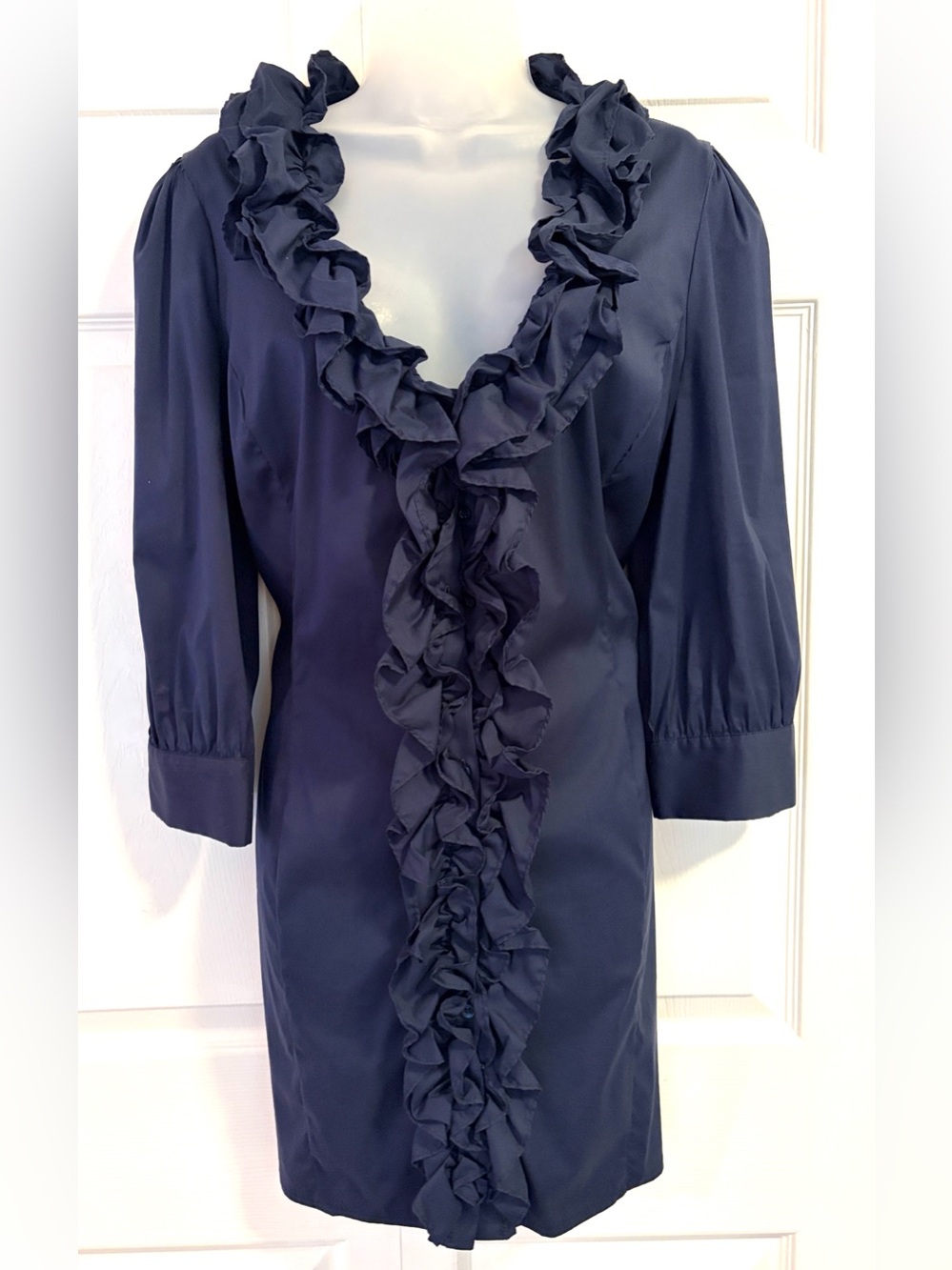 Flavio Castellani Dress Navy Blue Cotton Shirt Dress Ruffled Mini size 8